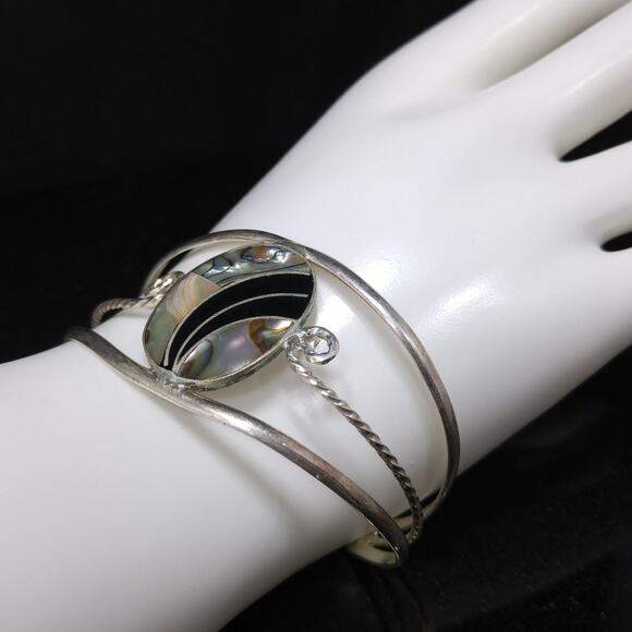 Alpaca Mexico Abalone Shell Cuff Bracelet Silver Tone 1970s Vintage Jewelry - Picture 6 of 10